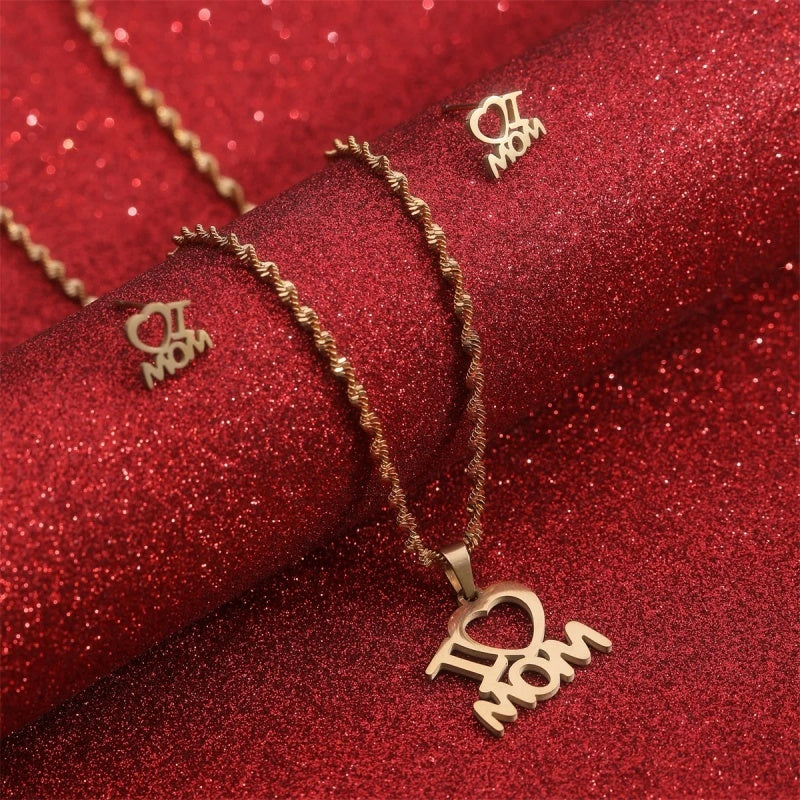 Mother’s Day Jewelry Set | Stainless Steel I Love Mom Heart Necklace & Earrings