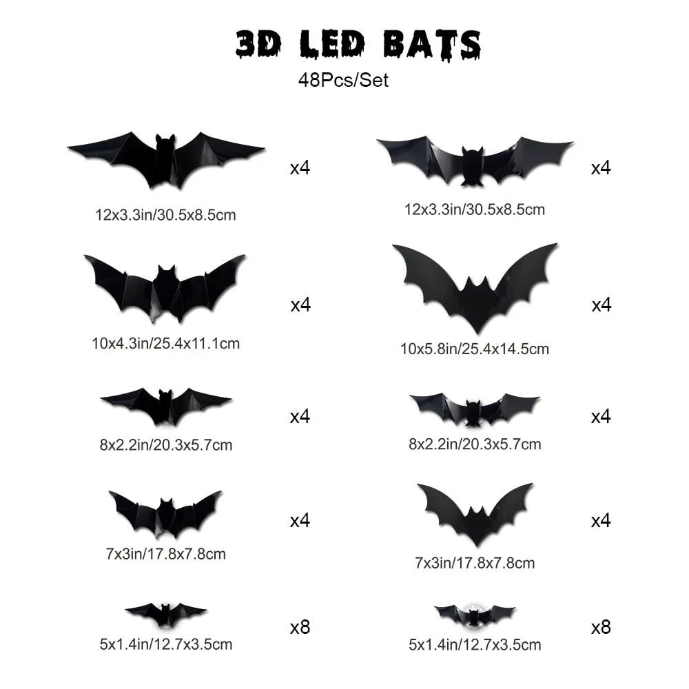 3D LED Glowing Bat Wall Decorations – Halloween Flying Bat Swarm Set
